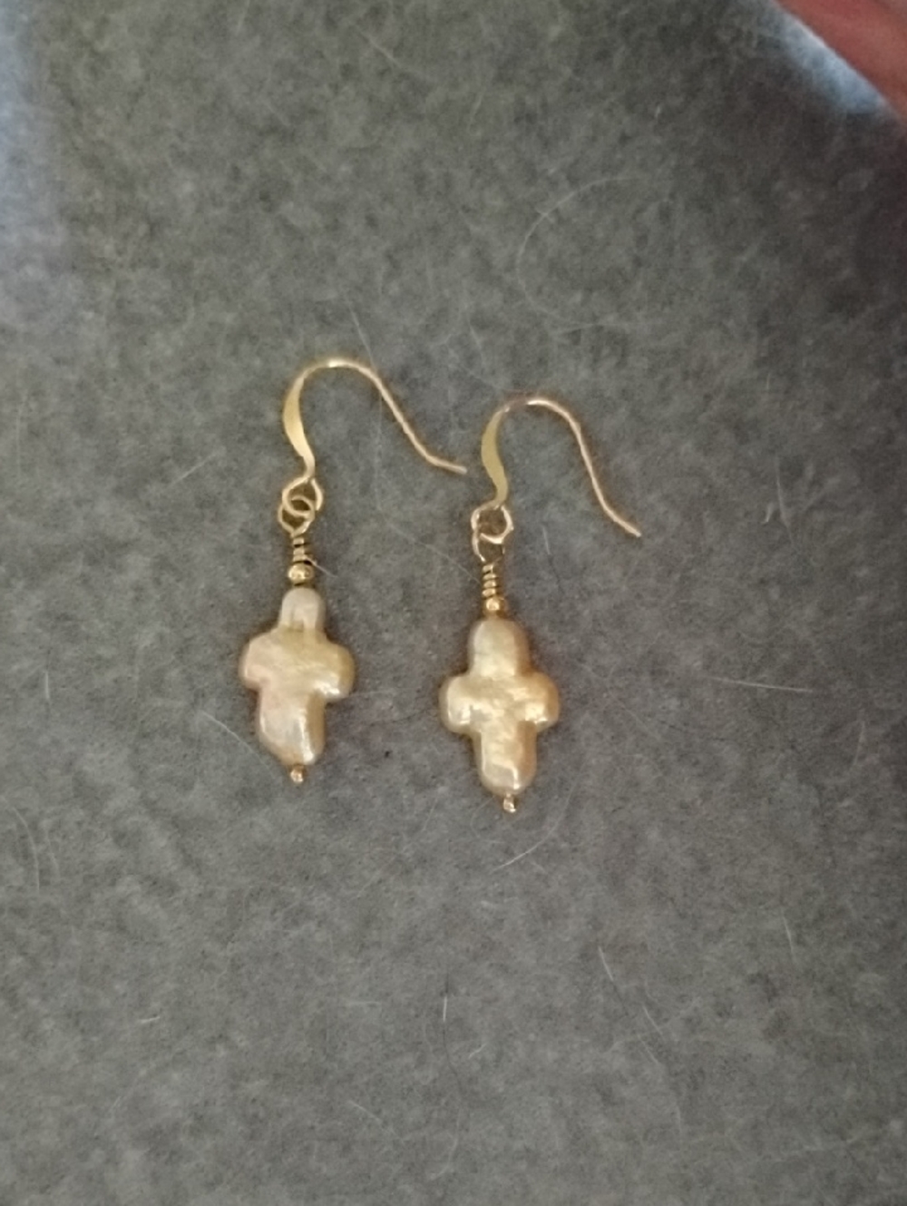 Hand Crafted Gold Cross-Shaped Pearl Drop Earrings